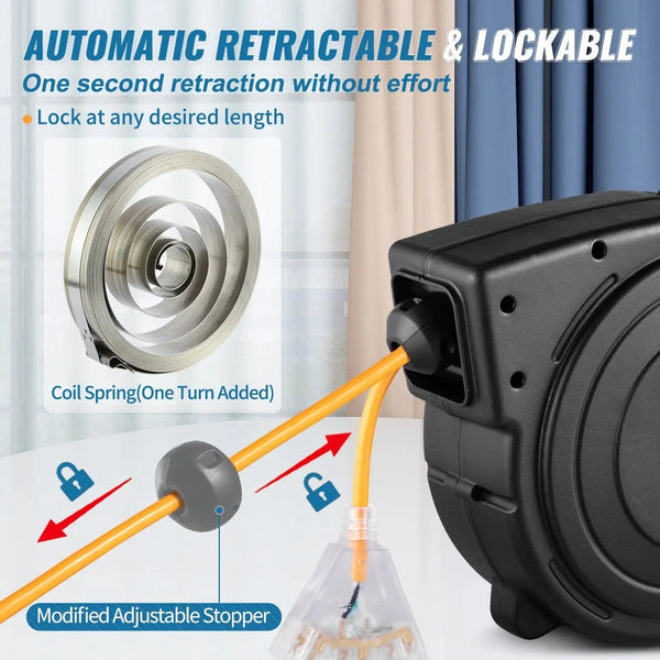 Conversions Tech Default 50ft Retractable 14AWG/3CSJTOW Power Cord Reel Extension Cord Reel for Convenient Use