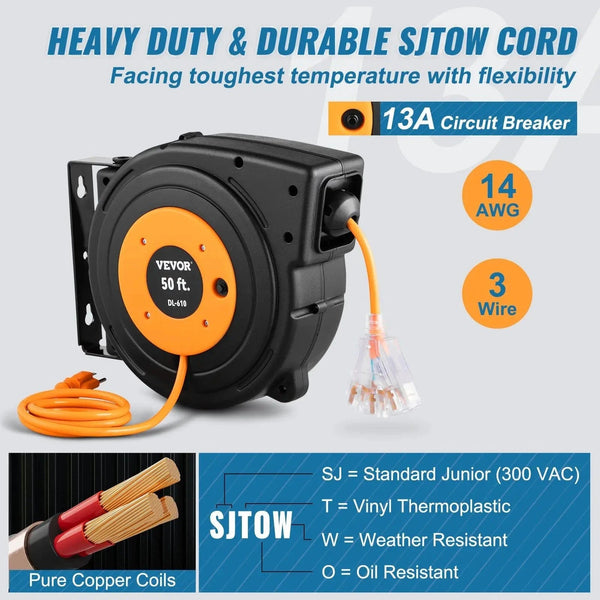 Conversions Tech Default 50ft Retractable 14AWG/3CSJTOW Power Cord Reel Extension Cord Reel for Convenient Use