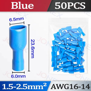 Conversions Tech F-Blue-50PCS 50PCS 6.3mm Spade Crimp Terminals Electrical Wire Connectors Faston Insulated Female For Quick Connection Cables Splice Plugs