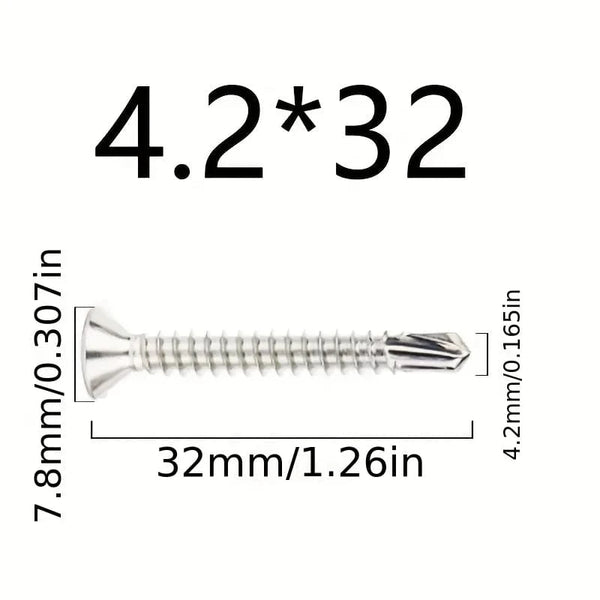 Conversions Tech 4.2x 32 50PCs 50PCS #8 M4.2 410 Sheet Metal Self-Tapping Screws 410 Stainless Steel Flat Head High-Strength Quick Self-Drilling Screws