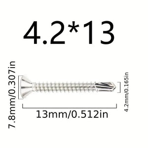 Conversions Tech 4.2x 13 50PCs 50PCS #8 M4.2 410 Sheet Metal Self-Tapping Screws 410 Stainless Steel Flat Head High-Strength Quick Self-Drilling Screws