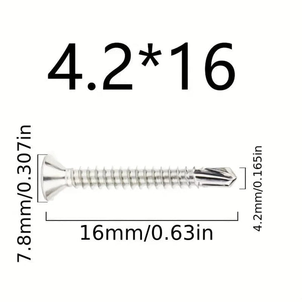 Conversions Tech 4.2x 16 50PCs 50PCS #8 M4.2 410 Sheet Metal Self-Tapping Screws 410 Stainless Steel Flat Head High-Strength Quick Self-Drilling Screws