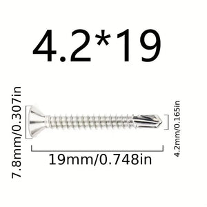 Conversions Tech 4.2x19 50pcs 50PCS #8 M4.2 410 Sheet Metal Self-Tapping Screws 410 Stainless Steel Flat Head High-Strength Quick Self-Drilling Screws