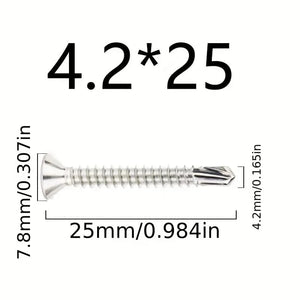 Conversions Tech 4.2x 25 50PCs 50PCS #8 M4.2 410 Sheet Metal Self-Tapping Screws 410 Stainless Steel Flat Head High-Strength Quick Self-Drilling Screws