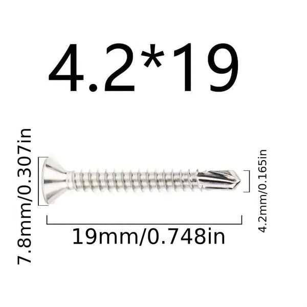 Conversions Tech 4.2x19 50pcs 50PCS #8 M4.2 410 Sheet Metal Self-Tapping Screws 410 Stainless Steel Flat Head High-Strength Quick Self-Drilling Screws
