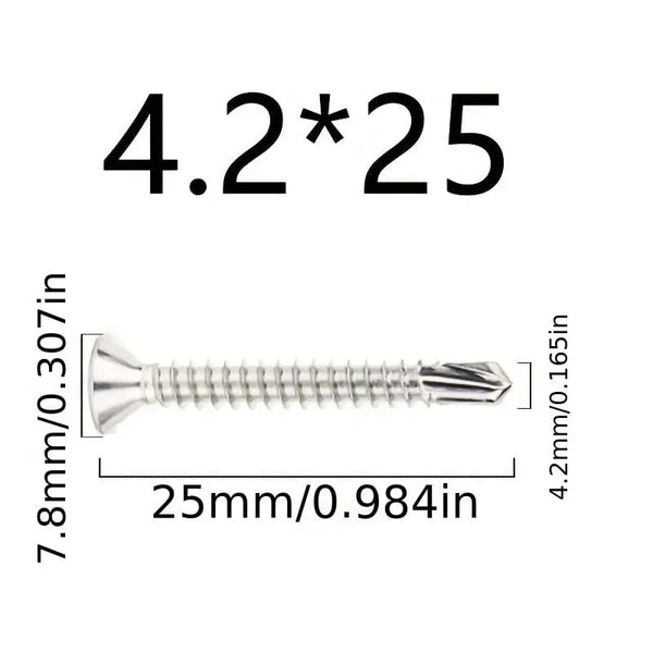 Conversions Tech 4.2x 25 50PCs 50PCS #8 M4.2 410 Sheet Metal Self-Tapping Screws 410 Stainless Steel Flat Head High-Strength Quick Self-Drilling Screws