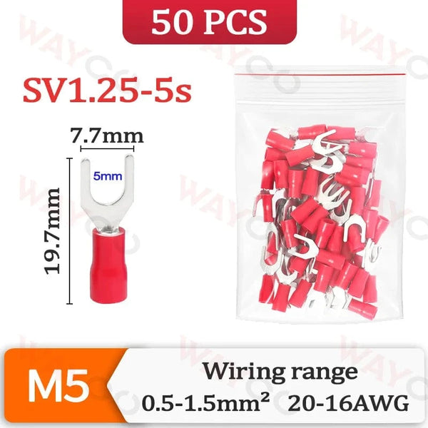 Conversions Tech SV1.25-5s-50PCS 50PCS Fork Crimp Terminal M4/M5/M6 Spade Plugs Pre-insulated Ferrules Lugs For Splice Electricals Cable Wire End Connectors