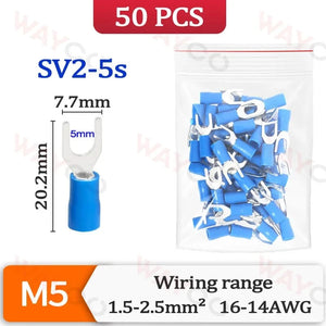 Conversions Tech SV2-5s-50PCS 50PCS Fork Crimp Terminal M4/M5/M6 Spade Plugs Pre-insulated Ferrules Lugs For Splice Electricals Cable Wire End Connectors