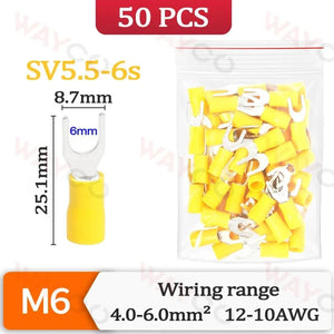 Conversions Tech SV5.5-6s-50PCS 50PCS Fork Crimp Terminal M4/M5/M6 Spade Plugs Pre-insulated Ferrules Lugs For Splice Electricals Cable Wire End Connectors