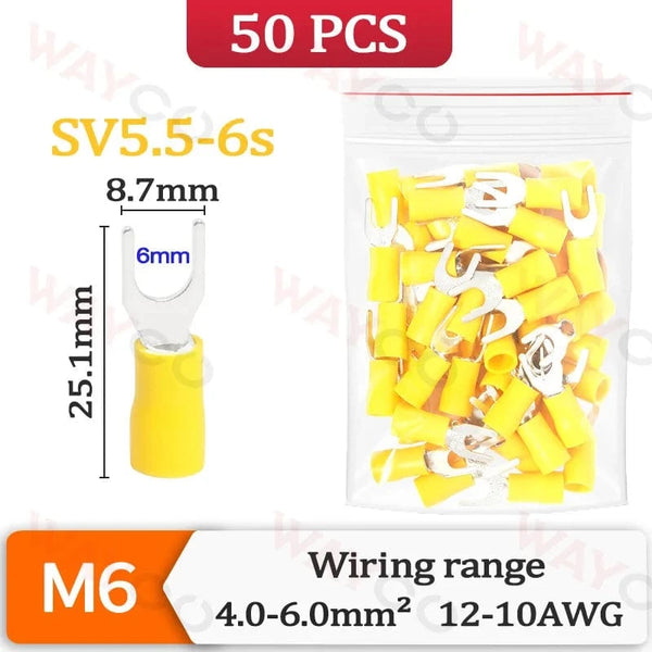 Conversions Tech SV5.5-6s-50PCS 50PCS Fork Crimp Terminal M4/M5/M6 Spade Plugs Pre-insulated Ferrules Lugs For Splice Electricals Cable Wire End Connectors
