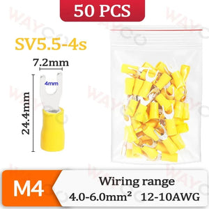Conversions Tech SV5.5-4s-50PCS 50PCS Fork Crimp Terminal M4/M5/M6 Spade Plugs Pre-insulated Ferrules Lugs For Splice Electricals Cable Wire End Connectors