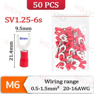 Conversions Tech SV1.25-6s-50PCS 50PCS Fork Crimp Terminal M4/M5/M6 Spade Plugs Pre-insulated Ferrules Lugs For Splice Electricals Cable Wire End Connectors