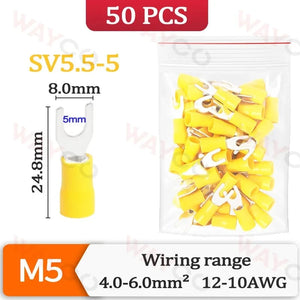 Conversions Tech SV5.5-5-50PCS 50PCS Fork Crimp Terminal M4/M5/M6 Spade Plugs Pre-insulated Ferrules Lugs For Splice Electricals Cable Wire End Connectors
