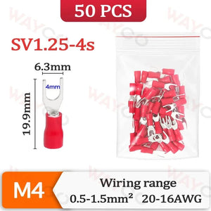 Conversions Tech SV1.25-4s-50PCS 50PCS Fork Crimp Terminal M4/M5/M6 Spade Plugs Pre-insulated Ferrules Lugs For Splice Electricals Cable Wire End Connectors