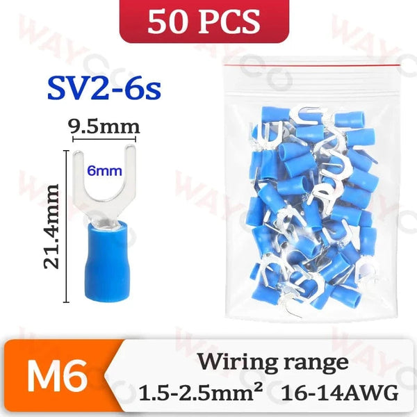 Conversions Tech SV2-6s-50PCS 50PCS Fork Crimp Terminal M4/M5/M6 Spade Plugs Pre-insulated Ferrules Lugs For Splice Electricals Cable Wire End Connectors