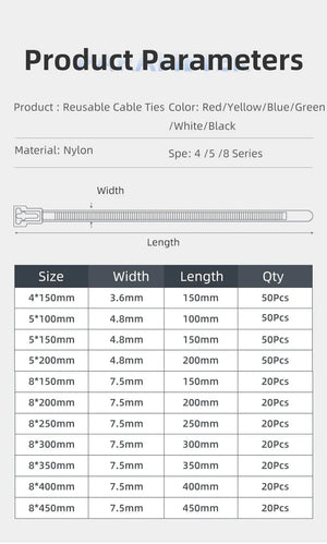Conversions Tech 50pcs Nylon Reusable Cable Zip Ties 4x150 5*200mm Releasable Fixed Binding Color Black Disassembly May Loose Slipknot Detachable