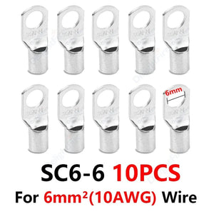 Conversions Tech SC6-6 10pcs 6/8/10mm Wire Terminals Tinned Copper Lugs Ring Crimp Terminal Battery Wire Welding Cable Connectors Kit For 10 8 6 4 AWG Cable