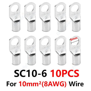 Conversions Tech SC10-6 10pcs 6/8/10mm Wire Terminals Tinned Copper Lugs Ring Crimp Terminal Battery Wire Welding Cable Connectors Kit For 10 8 6 4 AWG Cable