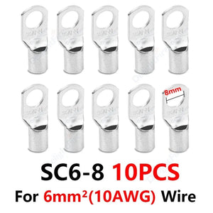 Conversions Tech SC6-8 10pcs 6/8/10mm Wire Terminals Tinned Copper Lugs Ring Crimp Terminal Battery Wire Welding Cable Connectors Kit For 10 8 6 4 AWG Cable