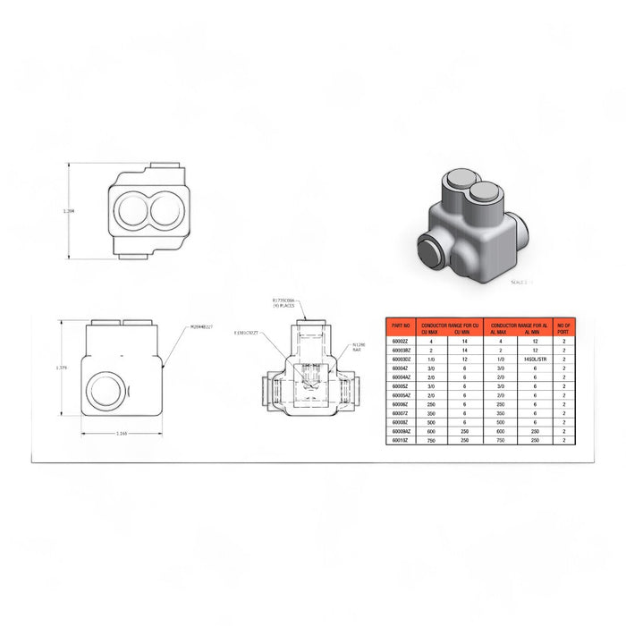 Insulated Tap Connectors for Two Wires Zig zag Entry  6 AWG - 3/0 AWG 2 Port