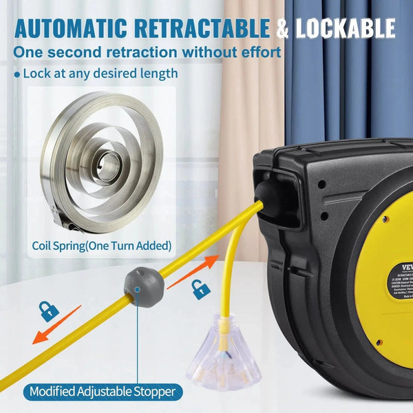 Conversions Tech Default 65FT 12AWG/3C SJTOW Retractable Extension Cord Reel Power Cord Reel for Convenient Use