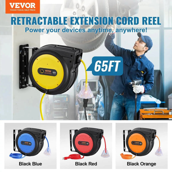 Conversions Tech Default 65FT 12AWG/3C SJTOW Retractable Extension Cord Reel Power Cord Reel for Convenient Use