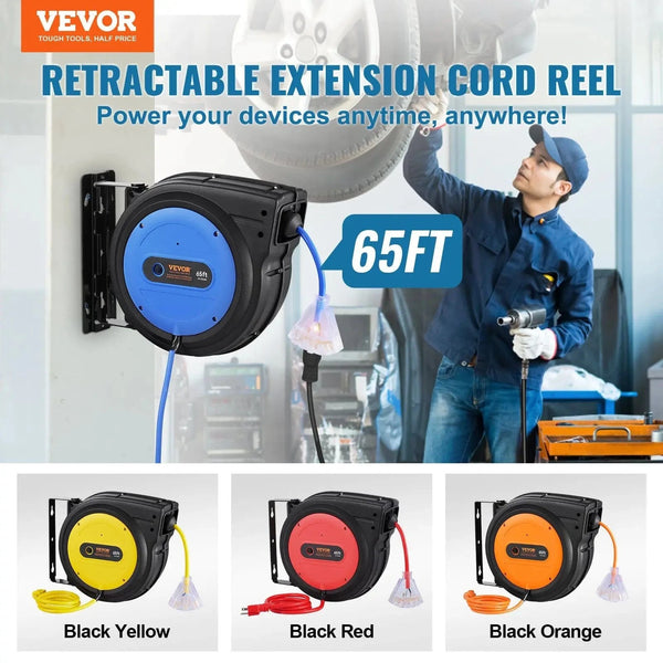Conversions Tech Default 65FT 12AWG/3C SJTOW Retractable Extension Cord Reel Power Cord Reel for Convenient Use