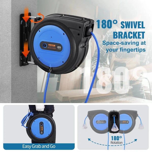 Conversions Tech Default 65FT 12AWG/3C SJTOW Retractable Extension Cord Reel Power Cord Reel for Convenient Use