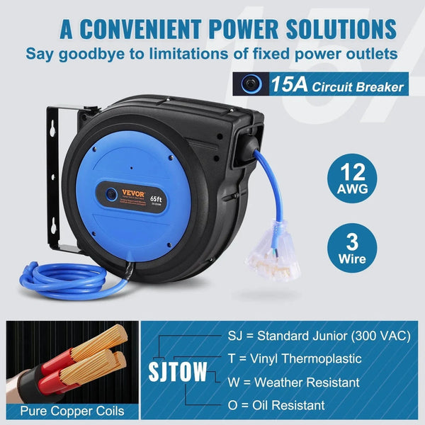 Conversions Tech Default 65FT 12AWG/3C SJTOW Retractable Extension Cord Reel Power Cord Reel for Convenient Use