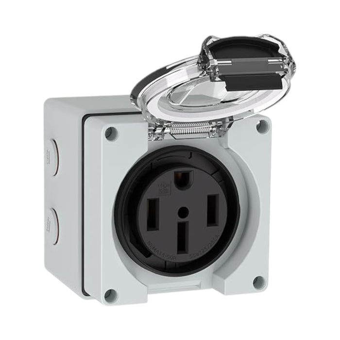 NEMA 14-50R Receptacle with Protective Box for EVs, RVs, generators, and welding machines.