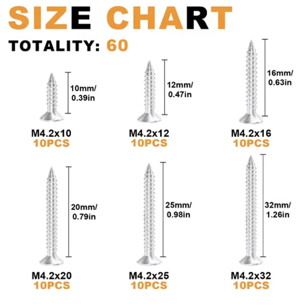 Conversions Tech 60PCs #8 Self-Drilling Wood Screw Set, 60pcs Cross Flat Head Steel Plate Screws with Self-Locking Nuts, Wood Thread Screw Kit