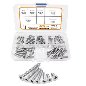 Conversions Tech 60PCs #8 Self-Drilling Wood Screw Set, 60pcs Cross Flat Head Steel Plate Screws with Self-Locking Nuts, Wood Thread Screw Kit