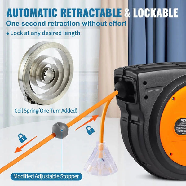 Conversions Tech Default 80FT 12AWG/3C SJTOW Retractable Extension Cord Reel Power Cord Reel for Convenient Use
