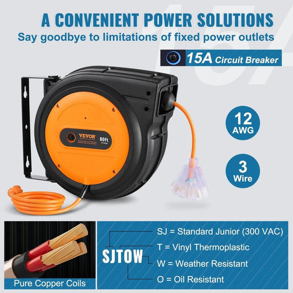 Conversions Tech Default 80FT 12AWG/3C SJTOW Retractable Extension Cord Reel Power Cord Reel for Convenient Use