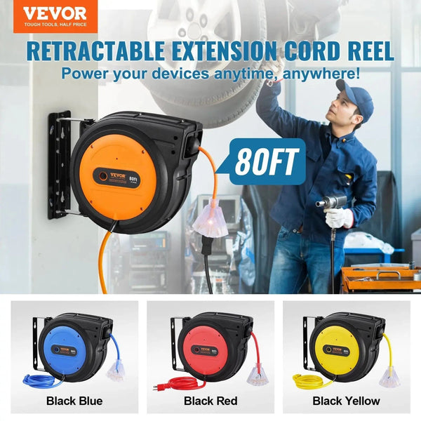 Conversions Tech Default 80FT 12AWG/3C SJTOW Retractable Extension Cord Reel Power Cord Reel for Convenient Use