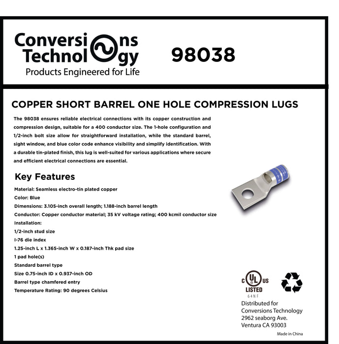 Copper Short Barrel One Hole Compression Lugs 400 MCM 1/2-inch Bolt Size