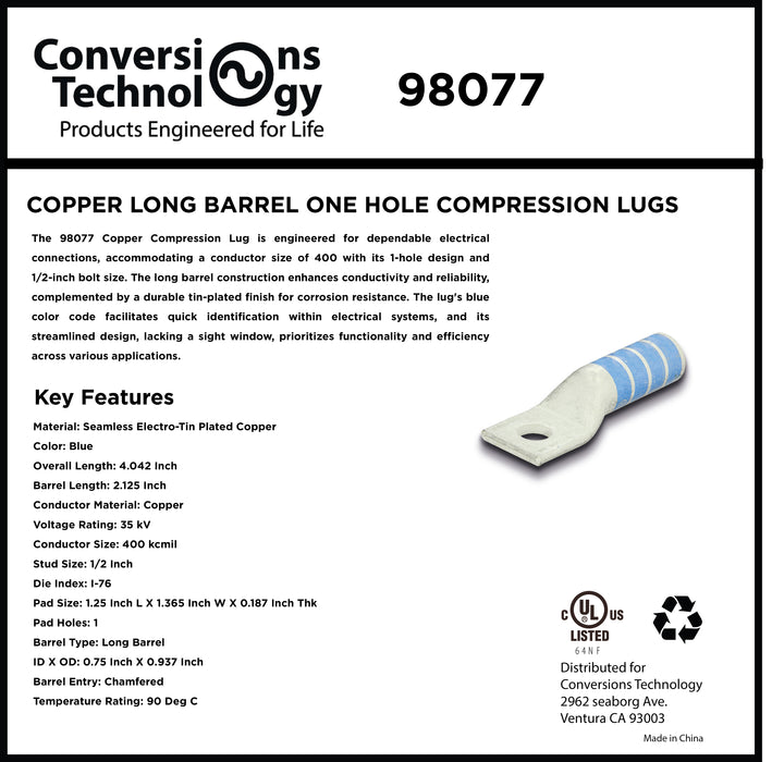 Copper Long Barrel One Hole Compression Lug 400 MCM  1/2-inch Bolt Size