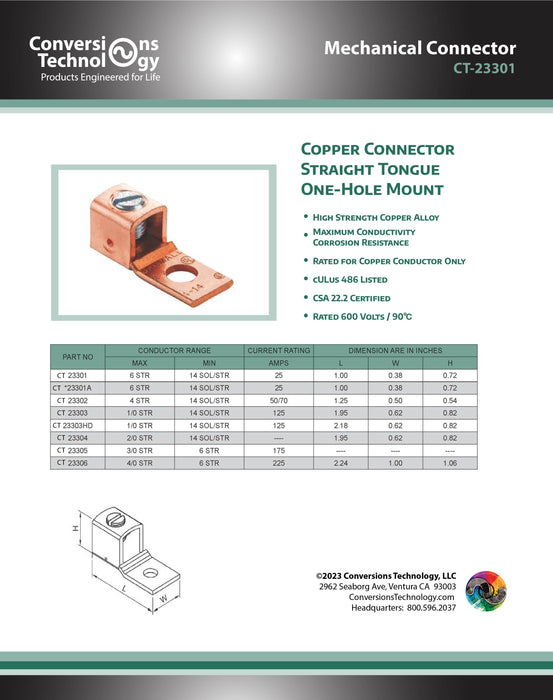 Mechanical Connector: 1 Conductors, Copper, #10 Stud Size, 14 AWG – 6 AWG