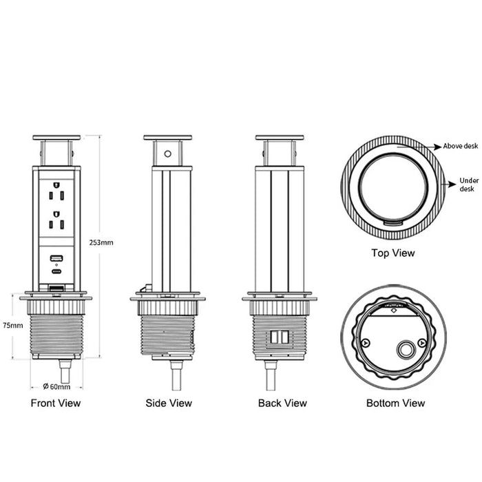 Desktop Pop up power, 2AC, USB-A, USB-C; White/Silver Finish