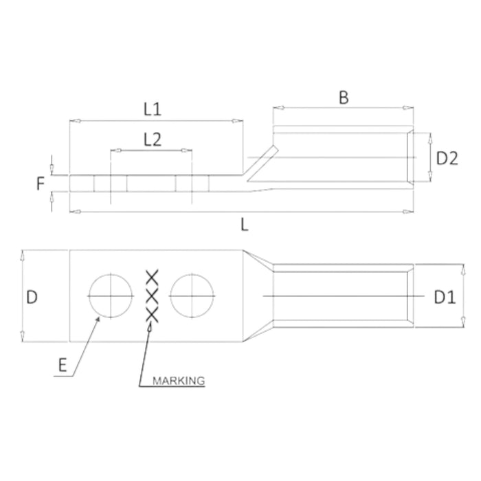 Copper Long Barrel Two Hole Compression Lugs 6 AWG 3/8-inch Bolt Size