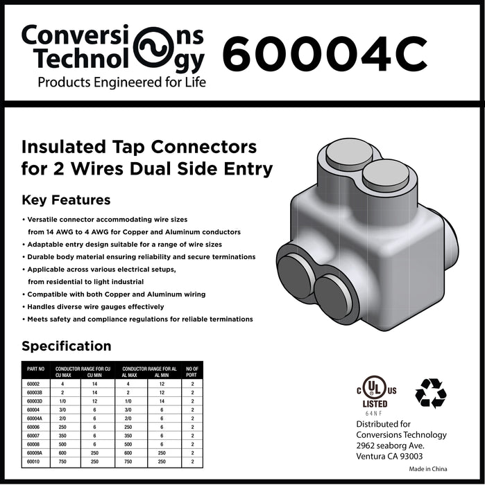 Insulated Tap Connectors for Two Wires Dual-Side Entry Min 6 Max 3/0 - 2 Ports