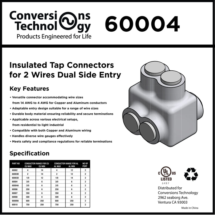 Insulated Tap Connectors for Two Wires Dual-Side Entry Min 6 Max 3/0 - 2 Ports