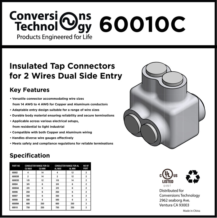 Insulated Tap Connectors  2 Ports Dual-Side Entry 750MCM-1/0 AWG