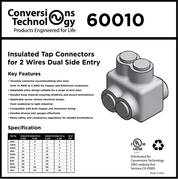 Insulated Tap Connectors  2 Ports Dual-Side Entry 750MCM-1/0 AWG