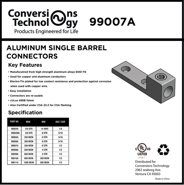 Aluminum Single Barrel Connectors Two-Hole Mount 6 AWG - 350 MCM - 1/2"