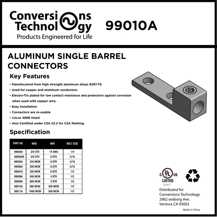 Aluminum Single Barrel Connectors Two Hole Mount 300 MCM - 800 MCM - 1/2"