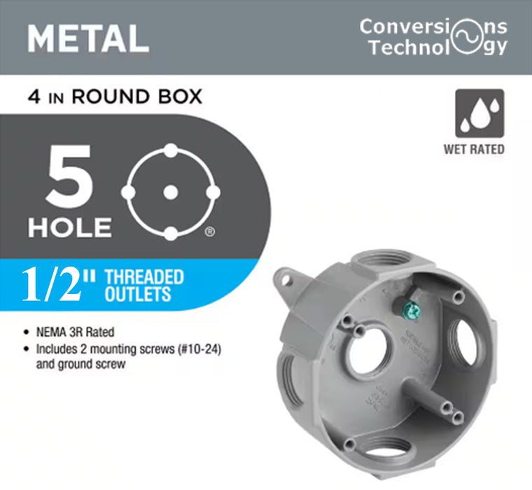 4 in Round Metallic Weatherproof Box with (5) 1/2 in. Holes, Gray