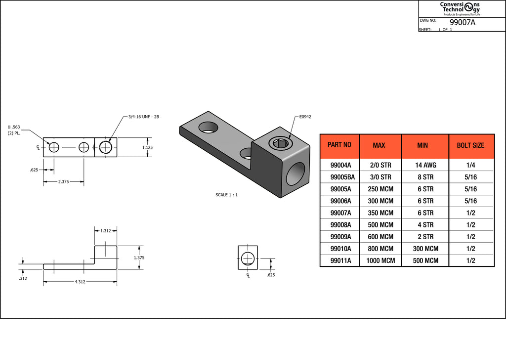 Aluminum Single Barrel Connectors Two-Hole Mount 6 AWG - 350 MCM - 1/2"