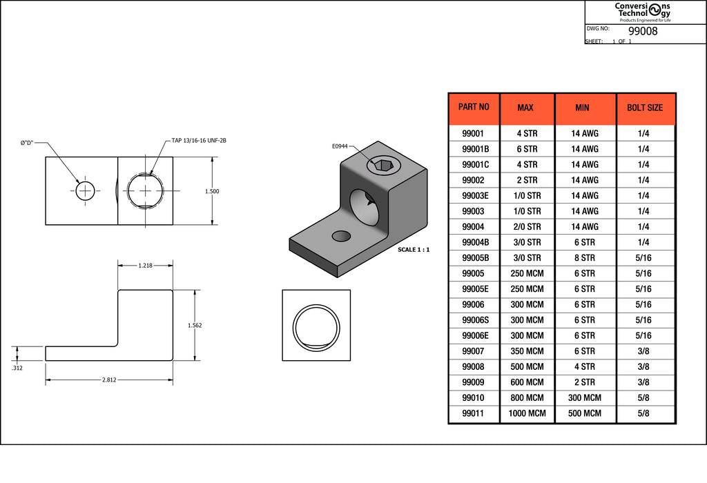 Aluminum Single Barrel Connectors 500 kcmil 3/8 Inch Stud Size