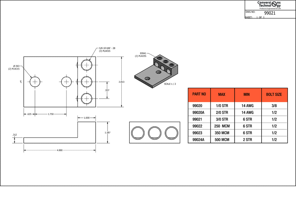 Aluminum Three Barrel Connectors 6 AWG min. to 3/0 AWG max. 1/2 Inch Bolt Size